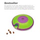 Bestseller Treat Maze Hundespielzeug in Grün und Lila, entworfen für mentale Stimulation, mit ein paar Hundeleckerlis daneben.