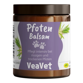 Braunes Glas mit Pfotenbalsam, Beschriftung 'Pfoten Balsam', Text 'Pflegt intensiv bei rissigen und trockenen Pfoten' und Marke 'VeaVet+'.