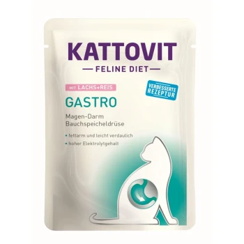 Kattovit Feline Diet Gastro Nassfutterbeutel für Katzen mit Lachs und Reis, mit Text über Verdauungsgesundheit, niedrigem Fettgehalt und hohem Elektrolytgehalt.