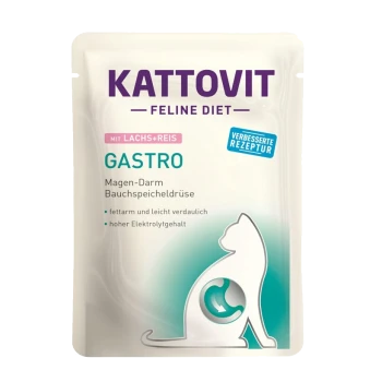 Kattovit Feline Diet Gastro Nassfutterbeutel für Katzen mit Lachs und Reis, mit Text über Verdauungsgesundheit, niedrigem Fettgehalt und hohem Elektrolytgehalt.