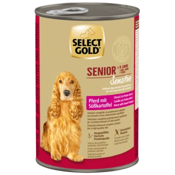 Boîte de nourriture Select Gold Senior Sensitive pour chiens de plus de 8 ans, cheval avec patates douces, formule sans céréales.