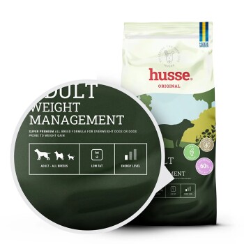 Hundefuttertüte mit der Aufschrift 'Digest Giant' mit Fütterungshinweisen für verschiedene Gewichtsklassen, mit Empfehlungen für die tägliche Ration.