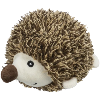 Plüsch-Igel-Tierspielzeug mit braunem und beigem stacheligem Fell, weißem Gesicht, schwarzen Augen und brauner Nase.