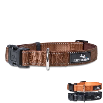 Braunes FREUDENTIER Hundehalsband mit schwarzer Kunststoffschnalle und Metallring, gezeigt mit orangefarbenen und schwarzen Halsbandoptionen.