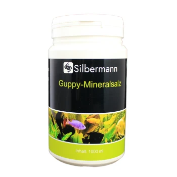 Behälter mit Silbermann Guppy-Mineralsalz, 1000 ml, mit bunten Fischen und Wasserpflanzen auf dem Etikett.
