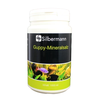 Behälter mit Silbermann Guppy-Mineralsalz, 1000 ml, mit bunten Fischen und Wasserpflanzen auf dem Etikett.