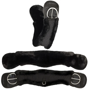 Drei schwarze, fleecegefütterte Pferdegurten werden angezeigt, mit Metallverschlüssen und einer gesteppten Textur.