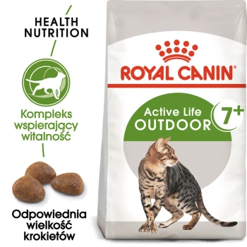 Karma dla kotów Royal Canin Active Life Outdoor dla kotów 7+, z ilustracją kota bengalskiego, szczegółami dotyczącymi rozmiaru krokietów i informacjami o zdrowotnych wartościach odżywczych w języku polskim.