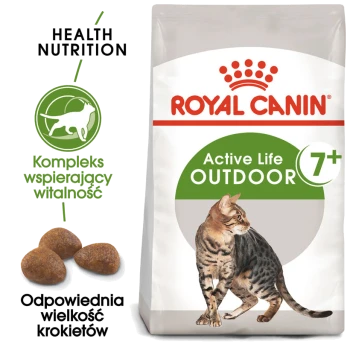 Karma dla kotów Royal Canin Active Life Outdoor dla kotów 7+, z ilustracją kota bengalskiego, szczegółami dotyczącymi rozmiaru krokietów i informacjami o zdrowotnych wartościach odżywczych w języku polskim.