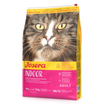 Josera INDOOR Adult Katzenfutterbeutel mit großem Katzengesicht, gelb-rosa Verpackung mit den Aufschriften 'Josera', 'INDOOR', 'ADULT', '10 kg'
