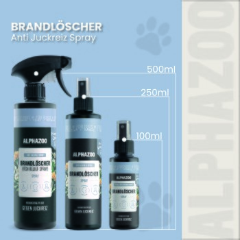 Schwarze Sprühflasche mit der Aufschrift "ALPHAZOO Beauty Brandlöscher" mit Illustrationen von Kamille und Ringelblume, die beruhigende Effekte für alle Rassen bewirbt.