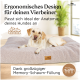 Hund liegt auf einem großen, weichen Memory-Schaum-Bett mit ergonomischem Design, deutscher Text aus einem Online-Tiergeschäft.