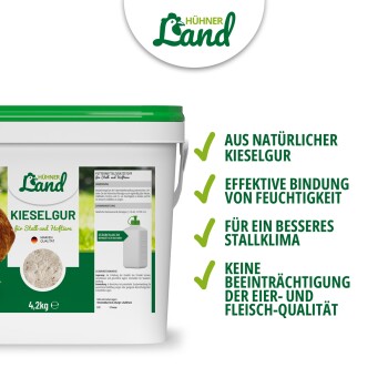 Weiß-grüner 4,2 kg Hühner Land Kieselgur Behälter mit Produktvorteilen in deutscher Sprache.