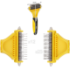 Tierpflegewerkzeug mit einem doppelseitigen Kamm mit 12 und 23 Edelstahlzähnen, hervorgehoben mit einem ergonomischen Griff in Gelb und Schwarz.