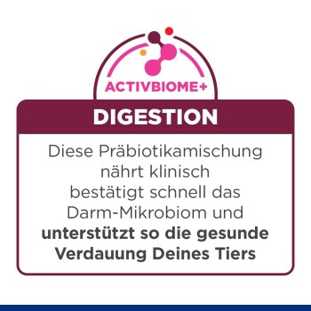 ActivBiome+ Digestion-Label in deutscher Sprache, das besagt, dass die präbiotische Mischung eine gesunde Verdauung bei Haustieren unterstützt.