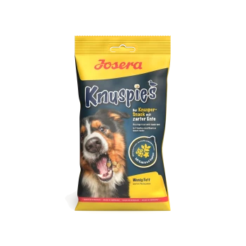 Nahaufnahme des Gesichts eines Hundes auf einer Tüte Josera Knuspies Leckerlis, mit "Der Knusper-Snack mit zarter Ente" und "Wenig Fett."