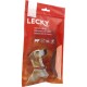 Rote Verpackung für Lecky Rindersticks für Hunde, mit einem Hund, mehrsprachigem Text und Symbolen für 100% natürlich und fettarm.