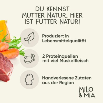 Bild, das natürliche Tiernahrung mit frischen Zutaten wie Karotten und Fleisch bewirbt, und die Qualität und lokale Beschaffung betont.