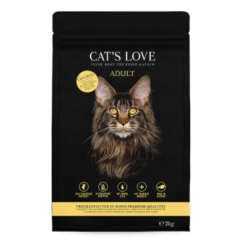 Schwarze Tüte mit Cat's Love Trockenfutter für Erwachsene, mit einer Maine Coon und dem Hinweis auf hohen Proteingehalt und Premium-Qualität.