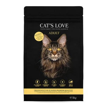 Czarna torba suchej karmy dla dorosłych kotów Cat's Love, z Maine Coon i podkreślająca wysoką zawartość białka i jakość premium.