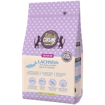 Kitty's Cuisine Senior Katzenfutter mit feinem Lachsfilet, Spinat, Chiasamen, 67 % tierischen Zutaten, getreidefrei, hergestellt in Deutschland.