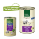 Boîtes de nourriture pour animaux Real Nature : petite "Adulte" avec de l'agneau et du canard, grande "Original" avec de l'agneau et du poulet, la bannière verte dit "Nouveau design !"