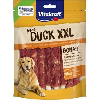 Vitakraft Pure DUCK XXL Bonas Hundekausticks-Packung mit Golden Retriever; sichtbare Logos '100%' und 'recycelbar' auf der Verpackung.