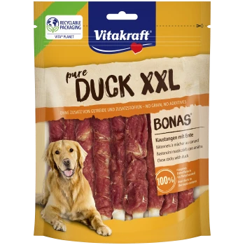 Vitakraft Pure DUCK XXL Bonas Hundekausticks-Packung mit Golden Retriever; sichtbare Logos '100%' und 'recycelbar' auf der Verpackung.