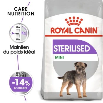 Sac de nourriture pour chiens Royal Canin Sterilised Mini présentant un petit chien, avec un texte mettant en avant la nutrition de soin et -14% de calories.