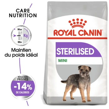 Sac de nourriture pour chiens Royal Canin Sterilised Mini présentant un petit chien, avec un texte mettant en avant la nutrition de soin et -14% de calories.