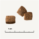 Trois morceaux de croquettes pour animaux de compagnie bruns sur un fond clair, avec une règle en dessous indiquant une mesure de 1 cm.
