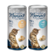 Zwei zylindrische Katzensnackdosen mit der Aufschrift "Crispy Snack Moments", mit Huhn und Thunfisch, beide 100% reines Filet.