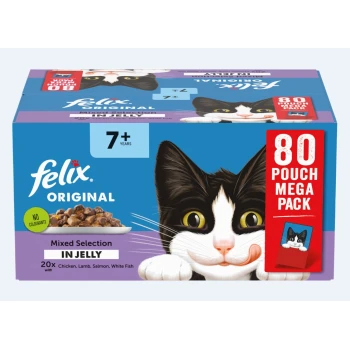 Felix Original cat food mega pack with a playful black and white cat, labeled "80 Pouch Mega Pack" and "Mixed Selection in Jelly."