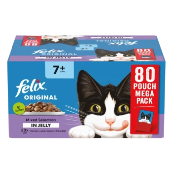 Felix Original cat food mega pack with a playful black and white cat, labeled "80 Pouch Mega Pack" and "Mixed Selection in Jelly."