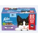 Felix Original cat food mega pack with a playful black and white cat, labeled "80 Pouch Mega Pack" and "Mixed Selection in Jelly."