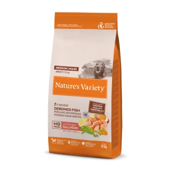 Sac de nourriture pour chiens Nature's Variety — Medium/Maxi Adult Deboned Fish (Saumon norvégien), sans céréales, 12 kg, emballage orange/beige avec image de chien.