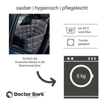 Ein Autositzbezug für Haustiere, gezeigt in einem Fahrzeug, mit Text, der seine Waschbarkeit bis 95°C und Trocknersicherheit hervorhebt.