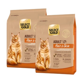 Zwei Taschen Select Gold Katzenfutter mit der Aufschrift "Erwachsene Haare & Haut", mit einer flauschigen orangefarbenen Katze auf der Vorderseite, mit Text in deutscher Sprache.
