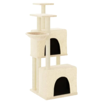 Katzenbaum in Cremefarbe mit zwei geschlossenen Würfelfächern, einer schalenförmigen Liegefläche und drei Plattformen zum Klettern.