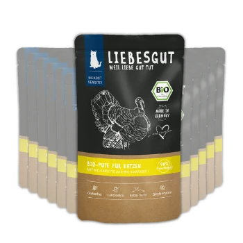 LIEBESGUT Bio‑Katzenfutterbeutel 'Bio‑Pute für Katzen' mit Putenzeichnung, BIO‑Badge und 'Made in Germany' Schriftzug
