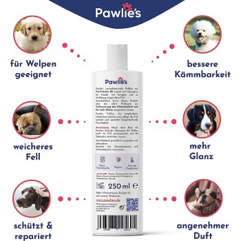 Pawlie's revitalisierende Haustiershampoo-Flasche, 250 ml, mit Vorteilen für Welpen, verbesserter Kämmbarkeit, weicherem Fell und angenehmem Duft.