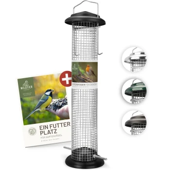 Vogelfutterspender mit einem Metallgitterdesign, mit einem schwarzen oberen und unteren Teil, begleitet von einer Broschüre mit dem Titel "Ein Futter Platz für Gartenvögel."