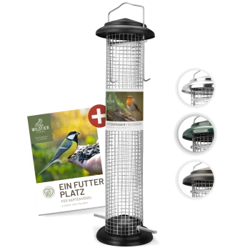 Vogelfutterspender mit einem Metallgitterdesign, mit einem schwarzen oberen und unteren Teil, begleitet von einer Broschüre mit dem Titel "Ein Futter Platz für Gartenvögel."