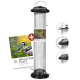Vogelfutterspender mit einem Metallgitterdesign, mit einem schwarzen oberen und unteren Teil, begleitet von einer Broschüre mit dem Titel "Ein Futter Platz für Gartenvögel."