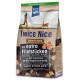 Hundefutterbeutel mit der Aufschrift "Twice Nice", der Lamm und Huhn enthält, mit zusätzlichen Filetstücken, 1 kg Nettogewicht und Recycling-Symbol.