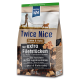Hundefutterbeutel mit der Aufschrift "Twice Nice", der Lamm und Huhn enthält, mit zusätzlichen Filetstücken, 1 kg Nettogewicht und Recycling-Symbol.