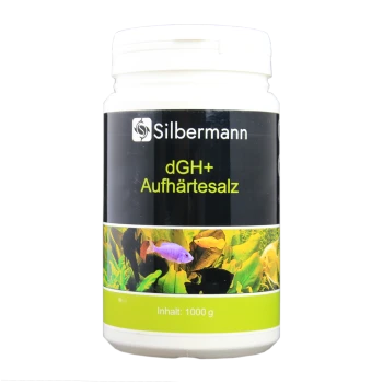 Behälter mit Silbermann dGH+ Aufhärtessalz (Härtesalz) für Aquarien, 1000 g, mit bunten Fischen und Wasserpflanzen auf dem Etikett.