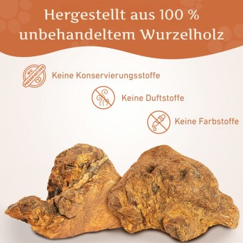 Hergestellt aus 100% unbehandeltem Wurzelholz, mit Icons für keine Konservierungsstoffe, keine Duftstoffe, keine Farbstoffe.