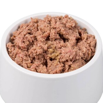 Eine weiße Futterschüssel für Haustiere, gefüllt mit feuchtem, rosafarbenem Katzenfutter, das eine stückige Textur zeigt.