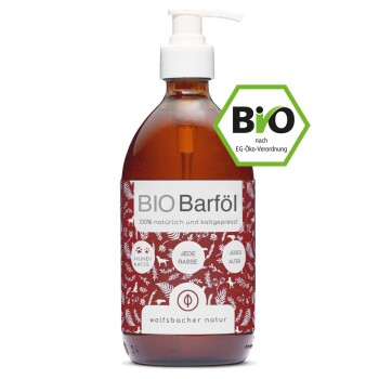 Braune Flasche mit BIO Barföl und Pumpenspender, beschriftet mit "100% natürlich und kaltgepresst", geeignet für alle Hunderassen und Altersgruppen.